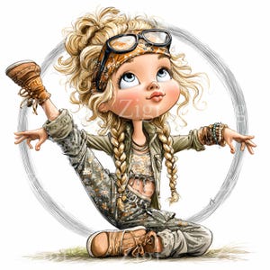 14 jpeg yoga meisje clipart – stretch pose jpg – flexibele cartoon kind in sportieve outfit voor kinderen kunst aan de muur, tijdschriften en printables
