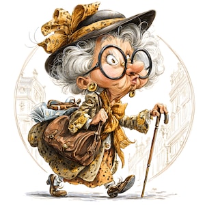 12 JPEG Walking Grandma – Funny JPG Clipart – Stylish Elderly Lady Illustration with Cane for Cards, Wall Art, Printables, Scrapbook Humor