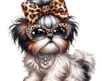 May include: A small, white and brown dog with black fur around its ears and tail is wearing a leopard print bow, sunglasses, and a jeweled necklace.