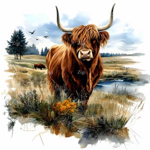 32 Clipart di mucca delle Highlands in formato JPEG in un paesaggio di prato, toro marrone rustico in formato JPEG, arte di animali da fattoria ad acquerello, download digitale istantaneo