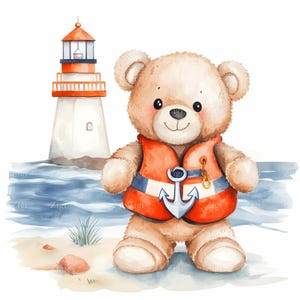 20 images clipart phare ours nautique JPEG - ours en peluche dans un gilet de sauvetage avec ancre - aventure côtière en téléchargement numérique JPG