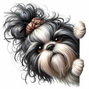 12 Cute Shih Tzu Peeking PNG Clipart, Whimsical Dog with Top Knot and Bow, Adorable Fluffy Pet Art Illustration
