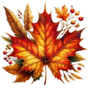12 Clipart di foglie d'acero autunnali PNG, vibrante fogliame autunnale con bacche, perfetto per artigianato e decorazioni stagionali