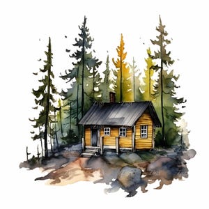 30 JPEG Boshut clipart – Aquarel dennenbos huis JPG – Rustieke landschapsillustratie voor natuurprints en buitenprojecten