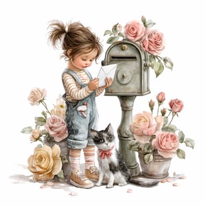 May include: Watercolor illustration of a young child in denim overalls reading a letter by a vintage mailbox. A black and white cat with a red bow sits nearby. Soft pink and yellow roses surround the scene, creating a whimsical, storybook aesthetic.