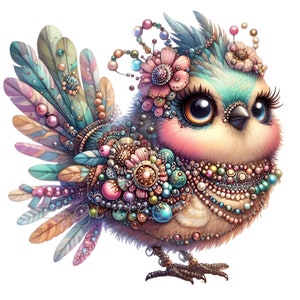 12 Cliparts PNG de Pássaros Fantásticos com Joias, Pérolas e Penas Coloridas | Arte Animal com Joias Fantásticas para Sublimação e Artesanato