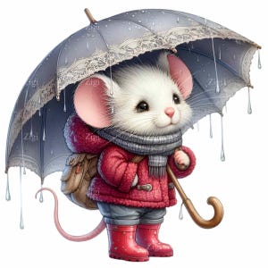 12 imágenes PNG de ratones lindos con paraguas e impermeable, ratón bebé con botas, animal de día lluvioso, descarga digital