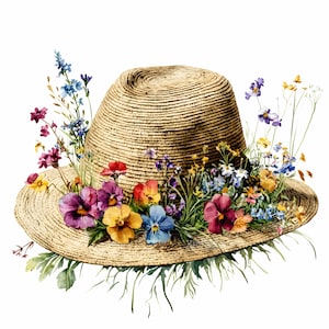 19 Composition florale JPEG - Chapeau de paille JPG Clipart - Art botanique estival pour décoration de jardin, affiche du marché aux fleurs, style vintage
