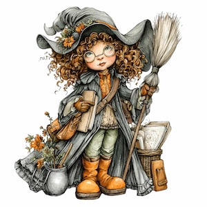 May include: A whimsical illustration of a young witch with curly red hair, wearing a gray hat adorned with flowers, a long gray coat, and orange boots. She holds a broom and a book, with a basket of books and a metal bucket with flowers nearby.