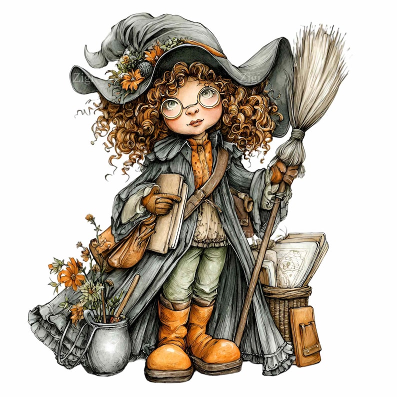 May include: A whimsical illustration of a young witch with curly red hair, wearing a gray hat adorned with flowers, a long gray coat, and orange boots. She holds a broom and a book, with a basket of books and a metal bucket with flowers nearby.