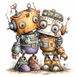 Könnte beinhalten: Eine skurrile Illustration von zwei freundlichen Robotern. Einer ist orange, der andere weiß, beide mit großen, ausdrucksstarken blauen Augen. Sie umarmen sich, mit Details wie Zahnrädern, Antennen und einem herzförmigen Element.