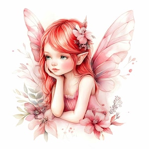 May include: A watercolor painting of a fairy with red hair and pink wings. She is wearing a pink dress and has a flower crown on her head. She is sitting on a bed of pink flowers.