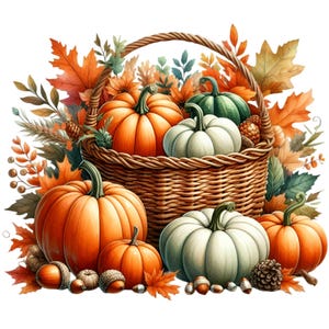 May include: A wicker basket overflowing with a variety of pumpkins and gourds. The pumpkins are orange, white, and green, and the gourds are a mix of brown and orange. The basket is surrounded by fall foliage, including leaves in shades of red, orange, and yellow.