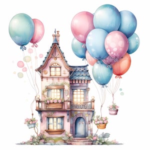 30 imágenes prediseñadas en formato JPG de una casa extravagante con globos: diseño de hogar de fantasía en acuarela: arte digital instantáneo