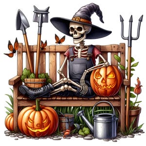 15 Giardinaggio Scheletro PNG Clipart – Divertente Scheletro di Halloween con Cappello da Strega con Zucche e Attrezzi – Arte Spettrale Autunnale