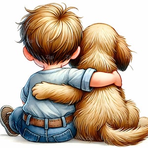 10 JPEG Boy and Dog Hug Clipart, Back View Child and Puppy Digital Art, Best Friends Sitting Together, JPEG Instant Download