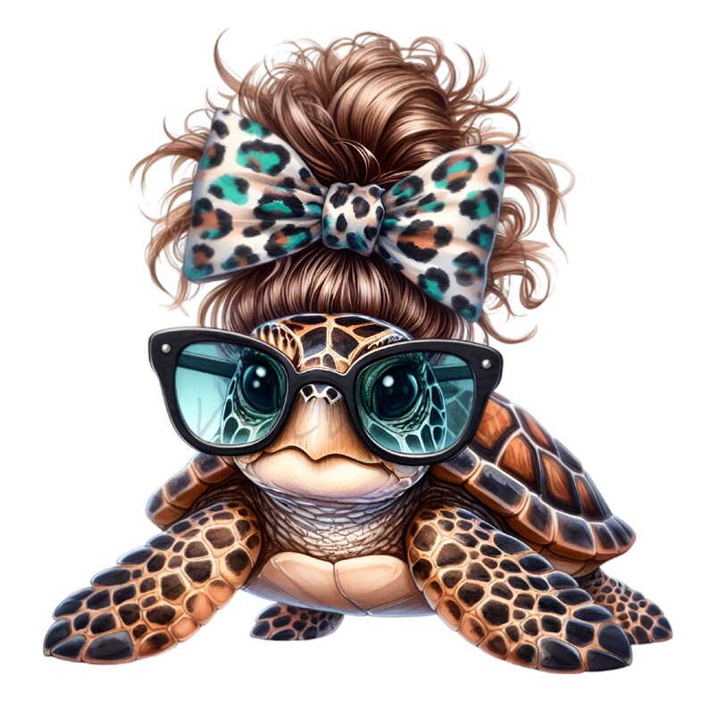 May include: A cartoon sea turtle with brown and black shell wearing teal blue sunglasses and a brown and black leopard print bow in her hair.