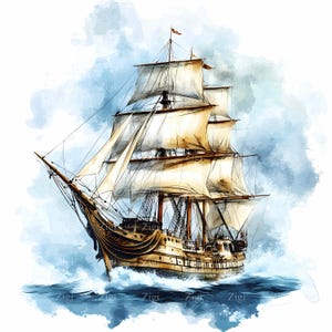 28 JPEG Vintage Veliero Acquerello Clipart - Veliero alto sulle onde dell'oceano - Arte marittima nautica JPG