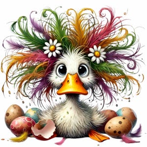 10 imágenes prediseñadas PNG de patos esponjosos con plumas de colores salvajes y huevos de Pascua: ilustración caprichosa de animales de primavera
