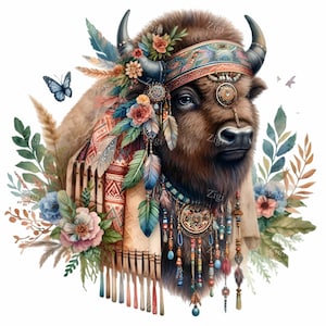 12 imágenes PNG de búfalo con plumas florales / Arte digital majestuoso de bisonte / Animal de fantasía con accesorios tribales