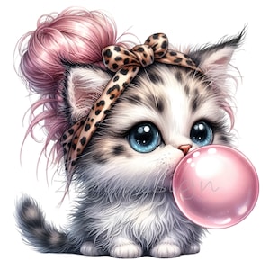 Clipart chaton, clipart bubble-gum, 12 PNG imprimé léopard chat mignon malpropre chignon, chemise d'école pour enfants enseignant, sublimation mug gobelet, agenda
