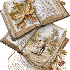 May include: Two open antique books with yellowed pages and handwritten cursive text. The top book features dried golden-brown maple leaves. The bottom book displays a painted illustration of a couple walking on a path near a house.