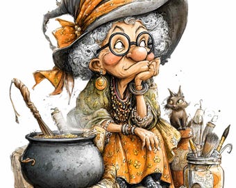 12 PNG Old Witch Cauldron Potion Clipart, Spooky Grandmother Illustration
