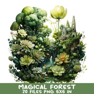 Magisch bos clipartset, betoverde bos png, fantasietuin illustratie, 20 bestanden voor ambachten en digitale kunst