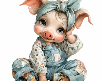 16 PNG Piglet in Overalls Farm Animal Clipart, Headwrap Pig Sublimation