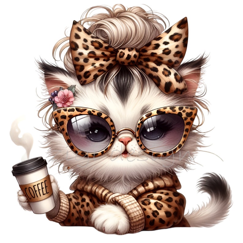 Puede incluir: Un gato de dibujos animados con gafas de sol de estampado de leopardo, un lazo de estampado de leopardo y una chaqueta de estampado de leopardo, sosteniendo una taza de caf&eacute; que dice "COFFEE".