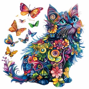 May include: A colorful illustration of a cat with floral and butterfly designs. The cat is primarily blue with intricate patterns of flowers and swirls in various colors. Several butterflies in shades of orange, yellow, and blue are scattered around the cat.
