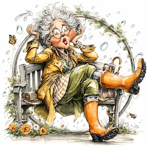 20 JPEG lustige Dame – Gartenbank JPG – wunderliche Seniorin Clipart für Grußkarten, Einladungen, digitales Druckbares Kunst