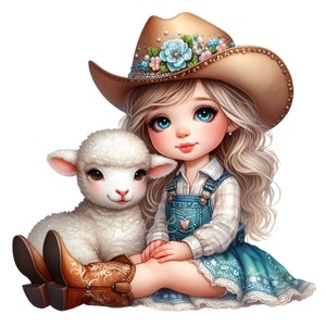 May include: A young girl wearing a brown cowboy hat with blue and white floral embellishments sits with a white lamb. She is wearing a blue denim overall dress with a white plaid shirt and a blue and white floral skirt. She is wearing brown cowboy boots.