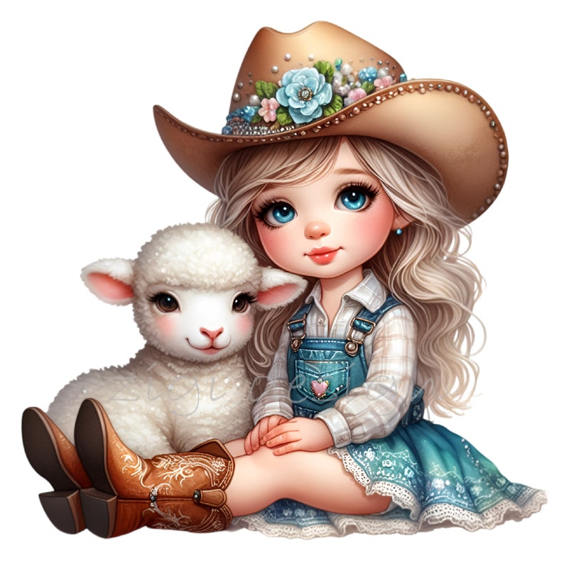 May include: A young girl wearing a brown cowboy hat with blue and white floral embellishments sits with a white lamb. She is wearing a blue denim overall dress with a white plaid shirt and a blue and white floral skirt. She is wearing brown cowboy boots.