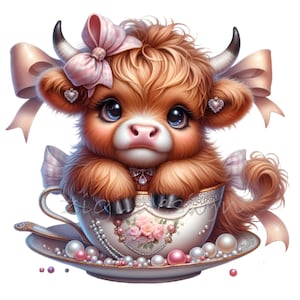 Clipart z filiżanką do herbaty, Clipart z krową wyżynną, 12 małych zwierząt PNG, Sublimacja w neutralnych kolorach w pokoju dziecięcym, Dziennik śmieci, Tworzenie kartek, Prezent dla miłośników herbaty