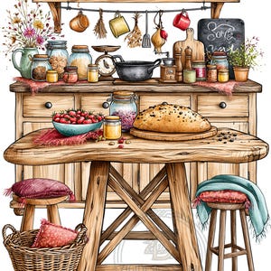 Op de afbeelding: Een keukenillustratie met een houten tafel met een brood en een kom rode tomaten, twee krukken, een rieten mand en een houten kast gevuld met glazen potten, keukengerei en een krijtbord.