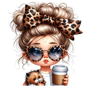 Girl Clipart, Leopard Bow Clip Art, 12 PNG Cute Coffee Animal Print Cheetah Fur, Teacher Kids School Shirt, Sublimation Mug Tumbler, Planner