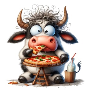 15 Jolie vache mangeant de la pizza PNG | Clipart animal drôle | Vache en dessin animé avec pizza et lait | Illustration de l'humour de la nourriture à la ferme