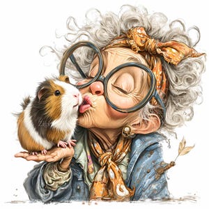 Op de afbeelding: Een grillige illustratie van een oudere persoon met een grote bril die een cavia kust. De cavia heeft bruine, witte en zwarte vacht. De persoon draagt een blauwe jas, een sjaal en een hoofddoek met een oranje en bruin patroon.