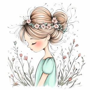 15 Ragazza con corona floreale Clipart PNG, Profilo laterale disegnato a mano di una ragazza in abito pastello, Opera d'arte floreale stravagante