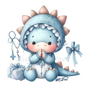 12 graziosi clipart PNG di dinosauri in pigiama blu con croce, regalo e rosario – adorabile arte religiosa per bambini e decorazioni