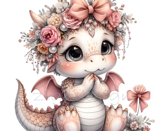 May include: A cute, white dragon with pink wings and a tail, wearing a floral crown with a pink bow. The dragon is sitting with its paws clasped together and has large, expressive eyes.