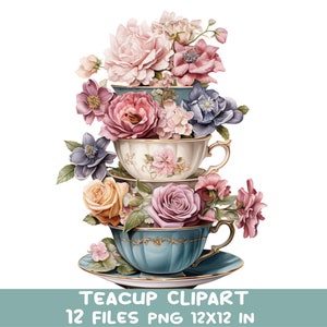 12 Clipart PNG di tazze da tè floreali - Tazze da tè vintage impilate con rose, anemoni, peonie - 12 eleganti file PNG