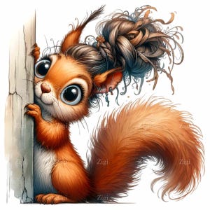 12 cliparts PNG mignon écureuil, écureuil lunatique avec coiffure nouée, adorable illustration d'art animalier