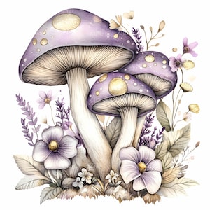 12 JPEG Mushroom Clipart - Funghi viola con illustrazione di fiori - JPEG Art for Crafts