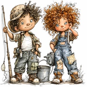 Op de afbeelding: Illustratie van twee kinderen in viskleding. Eén houdt een hengel vast en draagt een hoed, jas en broek. De ander draagt een overall en houdt een metalen bak vast. Beide hebben krullend haar en lachen.