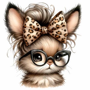 May include: A cartoon illustration of a brown and white furry animal wearing black framed glasses and a leopard print bow. The animal has a fluffy hairstyle and a serious expression.