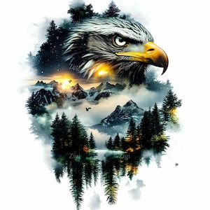 16 JPEG Eagle Forest Clipart Podwójna ekspozycja JPG Głowa orła bielika z górami Drzewa Dzikie życie Krajobraz Sztuka do sublimacji i wydruków