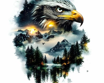 16 JPEG Eagle Forest Clipart Double Exposure JPG Bald Eagle Head with Mountains Trees Wildlife Landscape Art for Sublimation & Prints