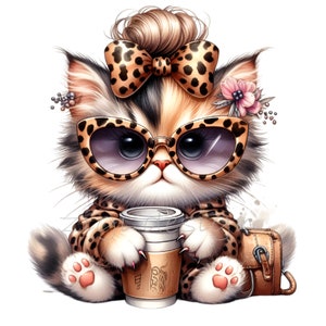 Puede incluir: Un gato de dibujos animados con gafas de sol de estampado de leopardo, un lazo de estampado de leopardo y un atuendo de estampado de leopardo, sosteniendo una taza de caf&eacute;. El gato est&aacute; sentado sobre un fondo blanco.